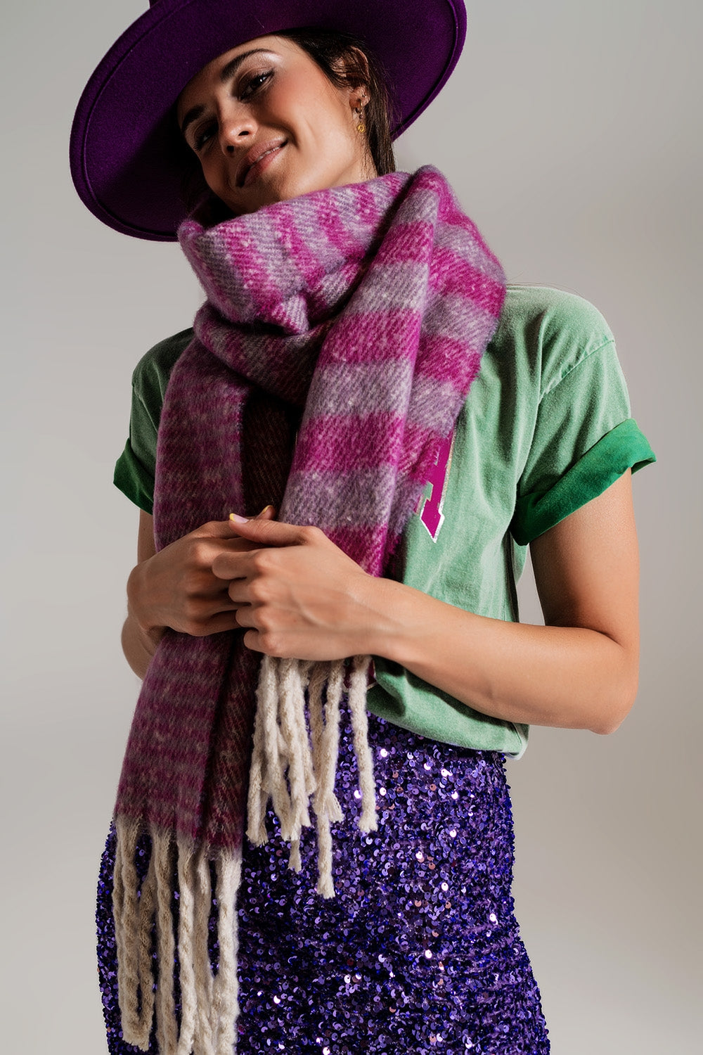 Stripy chunky scarf in lilac and purple | Just Cool Beans