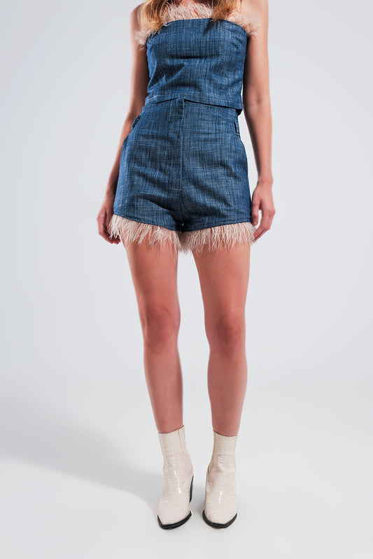 Suit shorts with faux feather hem in blue | Just Cool Beans — pants | bottoms