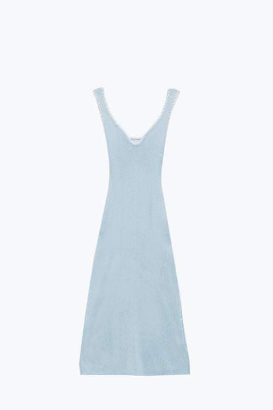 Summer body hugging knitted dress in light blue with white trim | Just Cool Beans — dresses