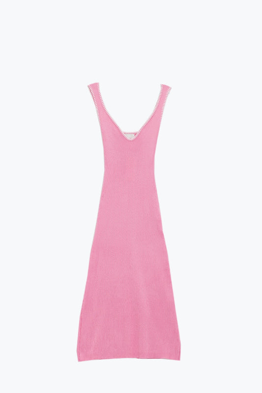 Summer body hugging knitted dress in pink with white trim | Just Cool Beans — dresses