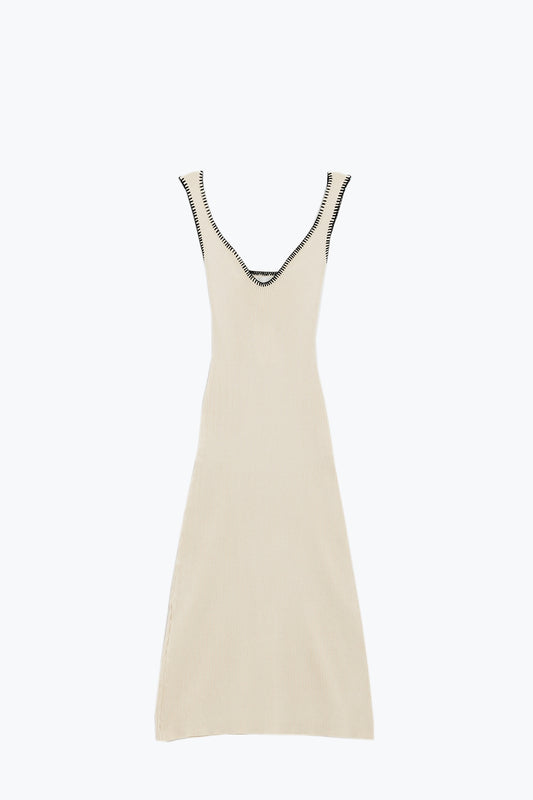 Summer body hugging knitted dress in beige with black trim | Just Cool Beans — dresses