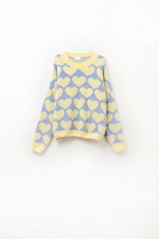 Super soft oversized blue sweater with yellow hearts | Just Cool Beans — sweaters | tops