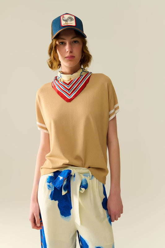 Sweater in camel with white contrast detail | Just Cool Beans — sweaters | tops