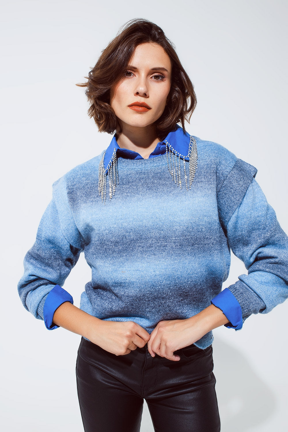 Sweater in ombre design blue with round neck and sleeve details | Just Cool Beans — sweaters | tops