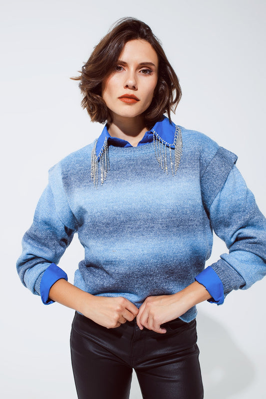 Sweater in ombre design blue with round neck and sleeve details | Just Cool Beans — sweaters | tops