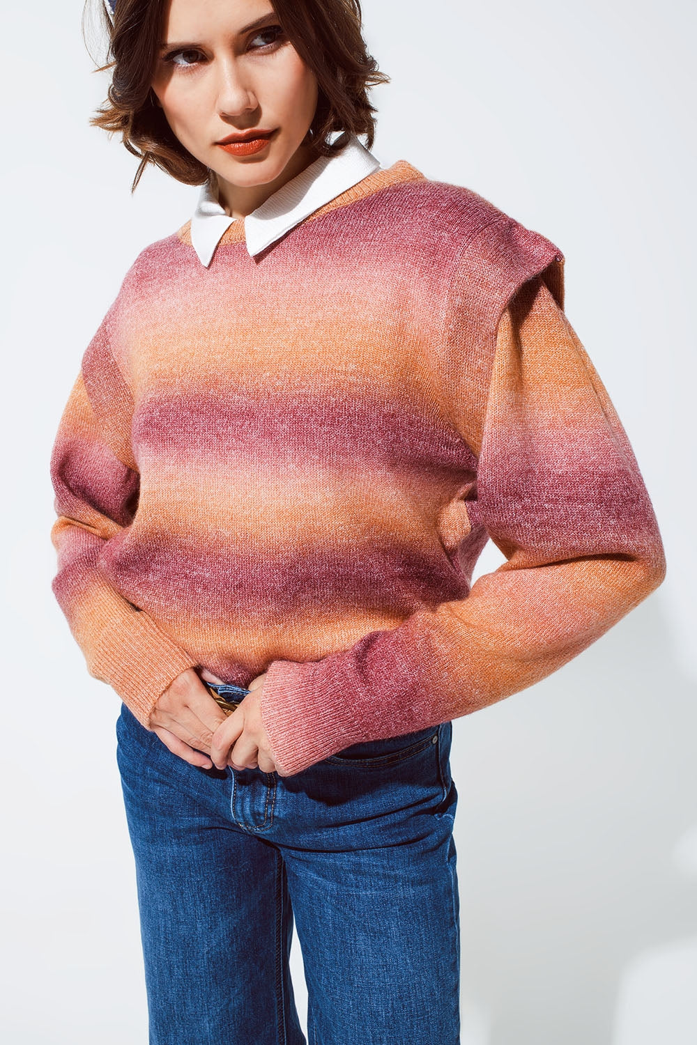 Sweater in orange and red ombre design with round neck and sleeve details | Just Cool Beans — sweaters | tops