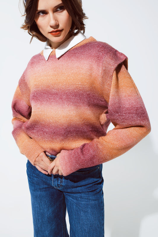 Sweater in orange and red ombre design with round neck and sleeve details | Just Cool Beans — sweaters | tops
