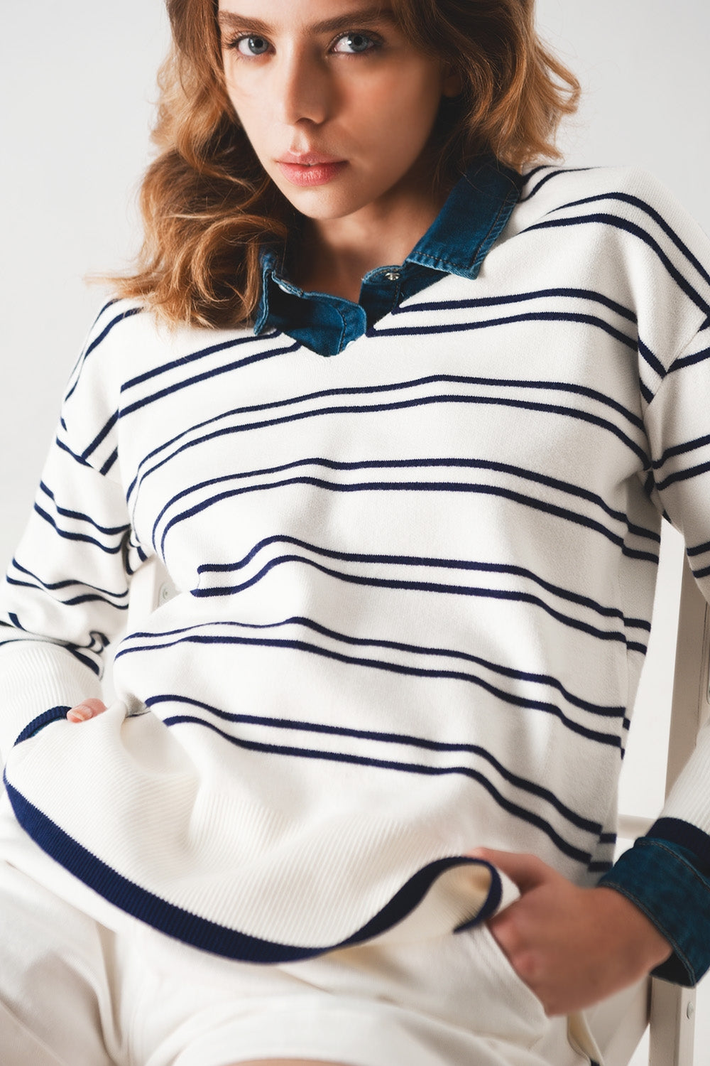 Sweater in white with navy stripe | Just Cool Beans — sweaters | tops