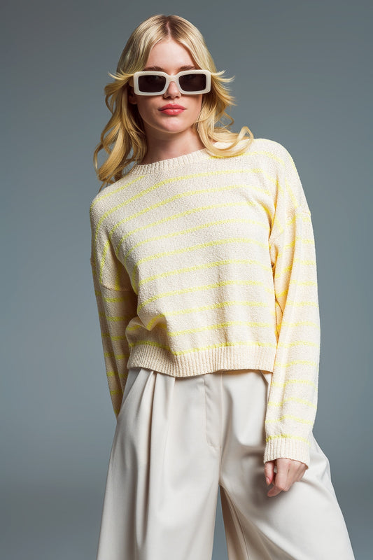Sweater with drop shoulders in beige with yellow stripes | Just Cool Beans — sweaters | tops