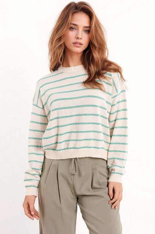 Sweater with drop shoulders in white with green stripes | Just Cool Beans — sweaters | tops