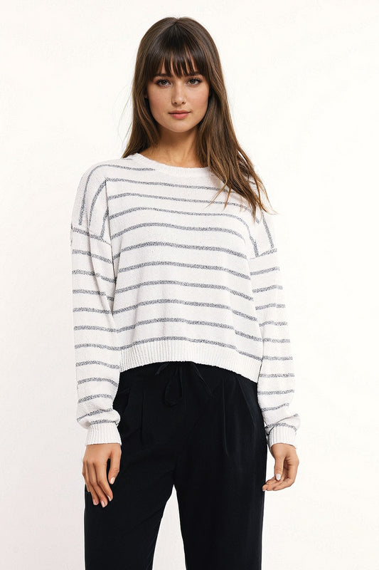 Sweater with drop shoulders in white with grey stripes | Just Cool Beans — sweaters | tops