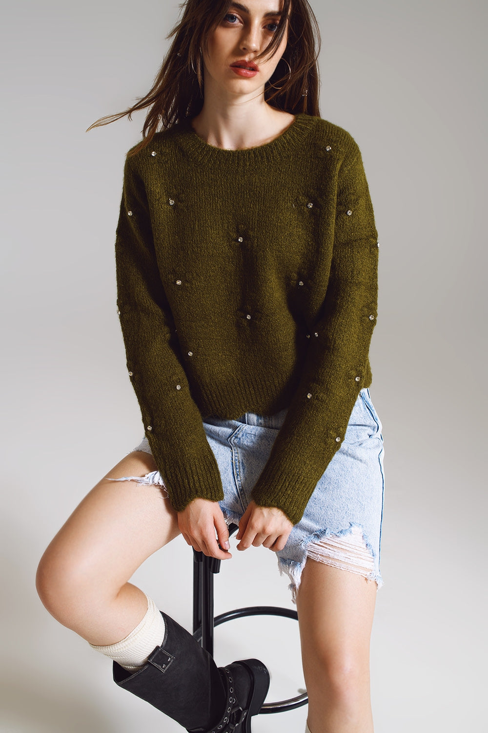 Sweater with knitted flowers and strass embellished in khaki | Just Cool Beans — sweaters | tops