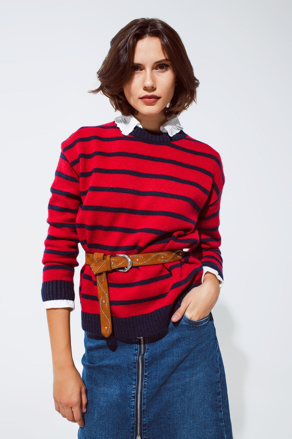 Red sweater with blue stripes and a white crew neck | Just Cool Beans — sweaters | tops