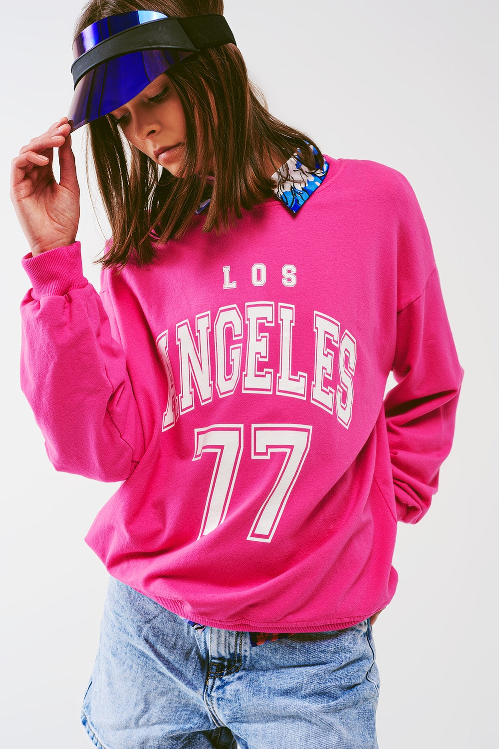 Sweatshirt with los angeles 77 text in pink | Just Cool Beans — sweaters | tops