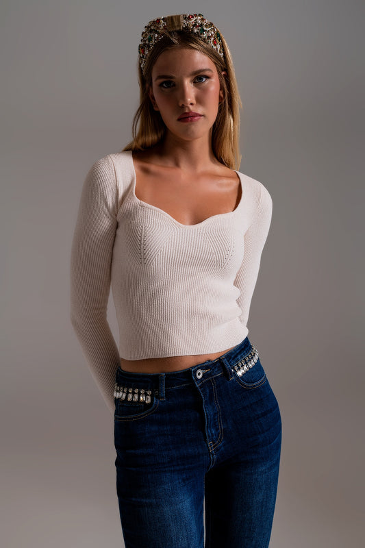 Sweetheart neckline chenille sweater in cream | Just Cool Beans — sweaters | tops