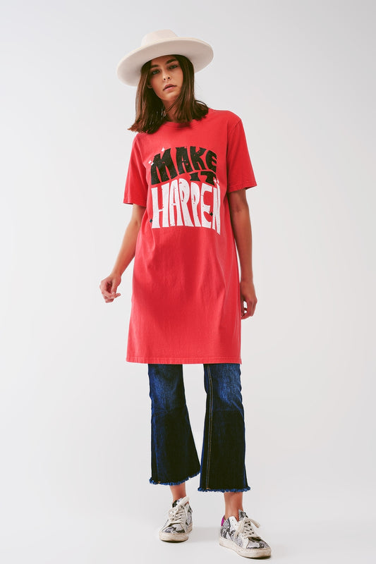 T-shirt dress with make it happen text in red | Just Cool Beans — dresses
