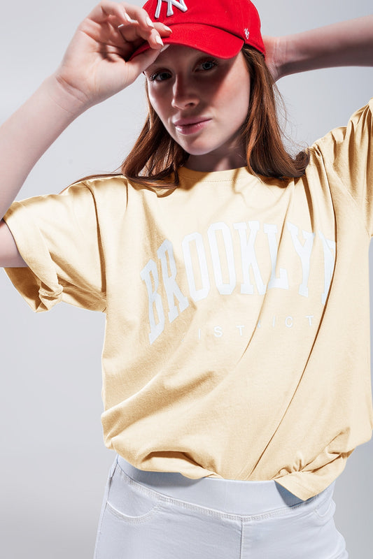 T-shirt with brooklyn district text in yellow | Just Cool Beans — tops