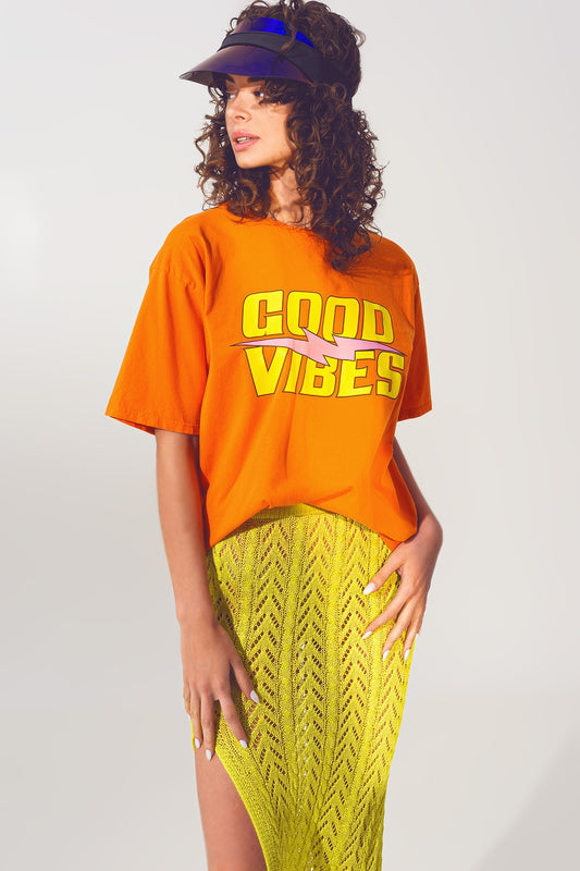 T-shirt with good vibes text in orange | Just Cool Beans — tops