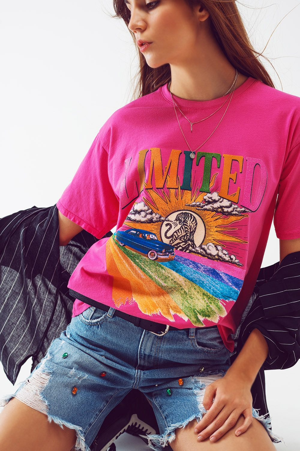 T-shirt with limited graphic print in fuchsia | Just Cool Beans — tops