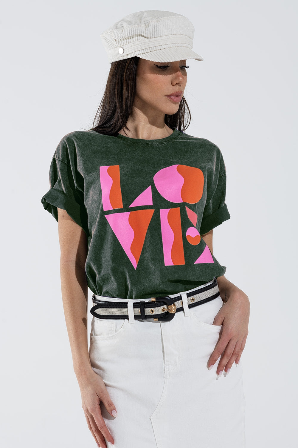 T-shirt with love art deco digital print in grey | Just Cool Beans — tops