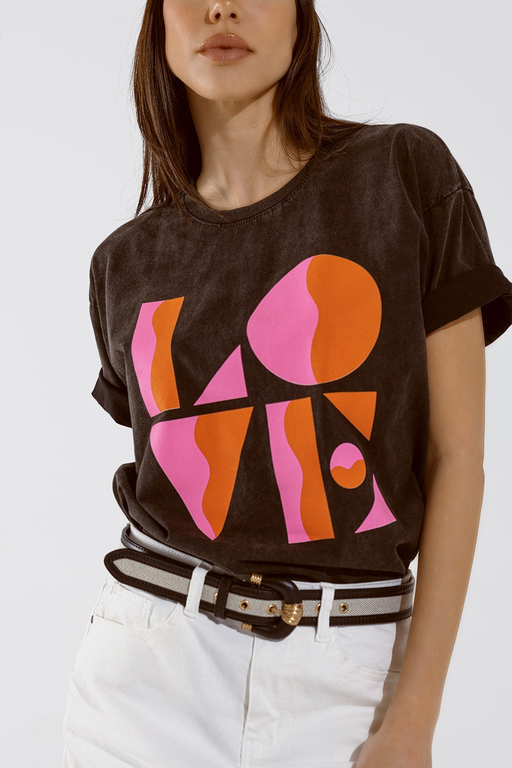 T-shirt with love art deco digital print in washed black | Just Cool Beans — tops