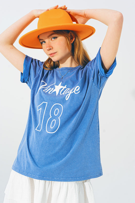 T-shirt with vintage 18 text in blue | Just Cool Beans — tops