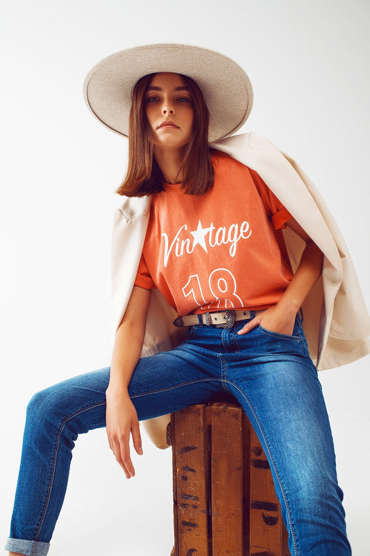 T-shirt with vintage 18 text in orange | Just Cool Beans — tops