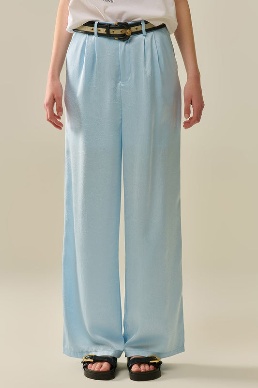 Tailored satin pants with wide leg in baby blue | Just Cool Beans — pants | bottoms