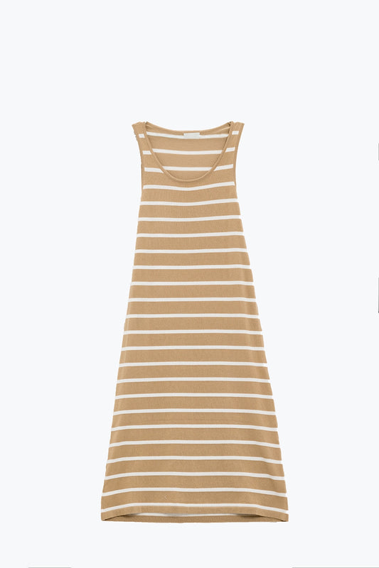 Tank maxi dress with scoop neck in beige with white stripes | Just Cool Beans — dresses