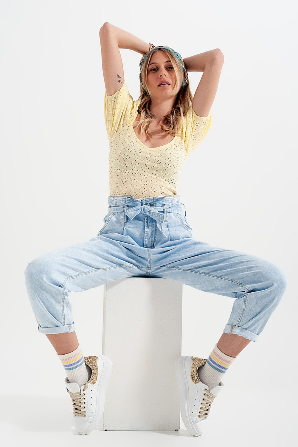 Tapered leg jeans with paper bag waist in light vintage wash | Just Cool Beans — jeans | the denim shop