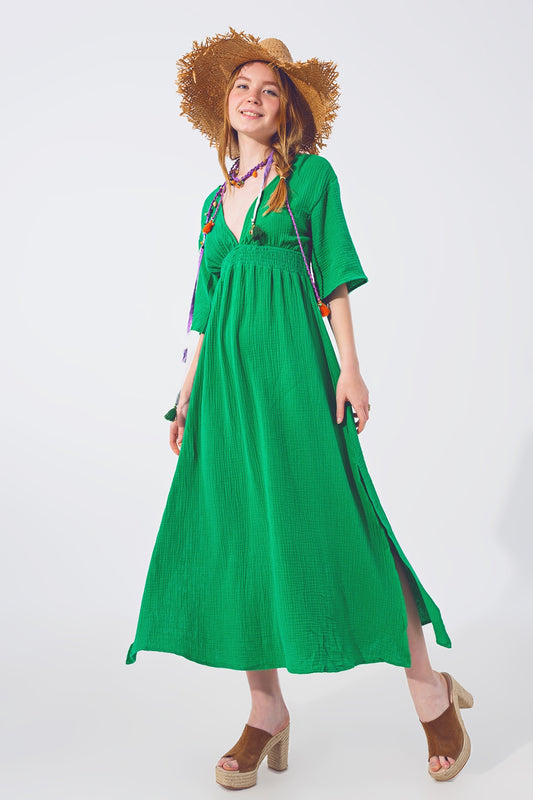 Textured v-neck maxi dress in green | Just Cool Beans — dresses