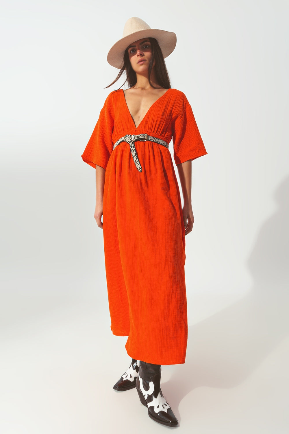 Textured v-neck maxi dress in orange | Just Cool Beans — dresses