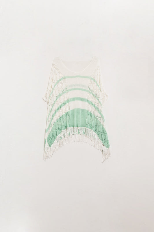 Thin white striped sweater with fringe edge | Just Cool Beans — sweaters | tops