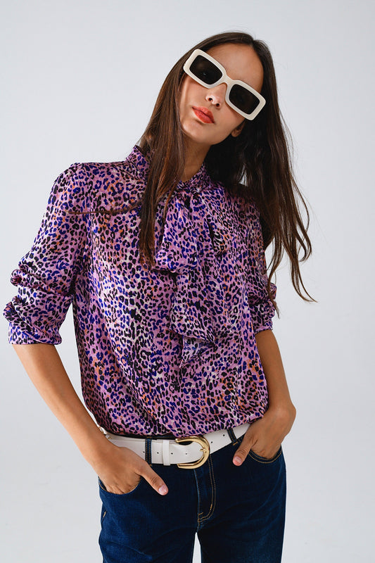 Tie at the neck animal print purple blouse | Just Cool Beans — shirts | tops