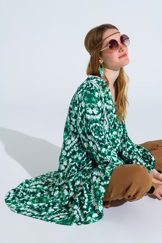 Tie dye print short dress with long sleeves and lace trim in green | Just Cool Beans — dresses | bottoms
