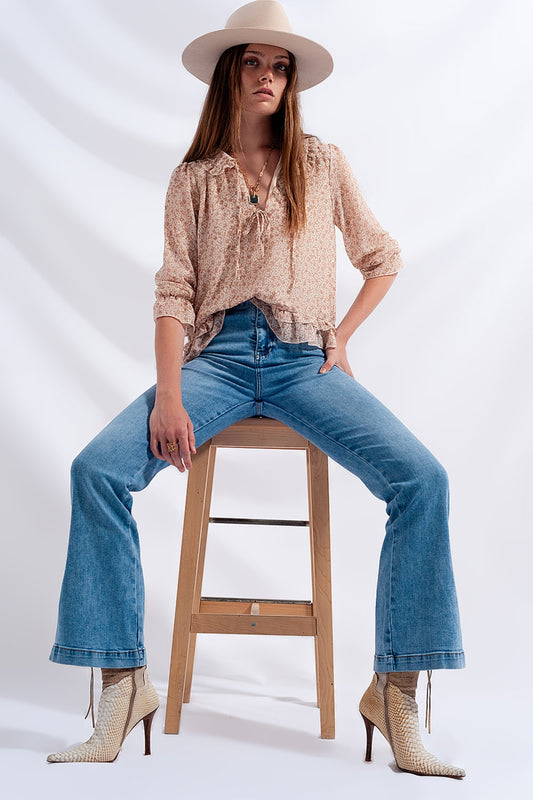 Tie front chiffon blouse in beige floral print | Just Cool Beans — shirts | tops