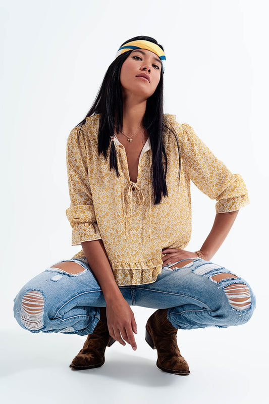 Tie front chiffon blouse in yellow floral print | Just Cool Beans — shirts | tops