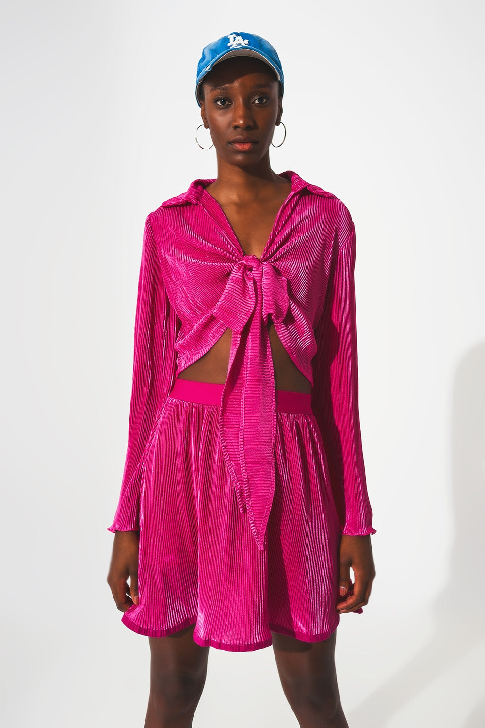 Tie front pleated crop top  in fuchsia | Just Cool Beans — shirts | tops