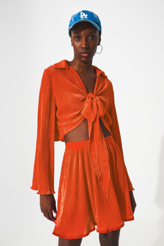 Tie front pleated crop top  in orange | Just Cool Beans — tops