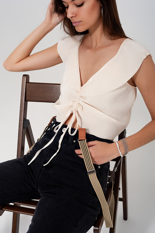 Tie front shirred detail volume sleeve crop top in cream | Just Cool Beans — shirts | tops