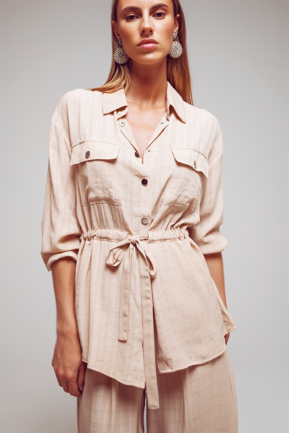 Tie waist long sleeve shirt in beige | Just Cool Beans — shirts | nan