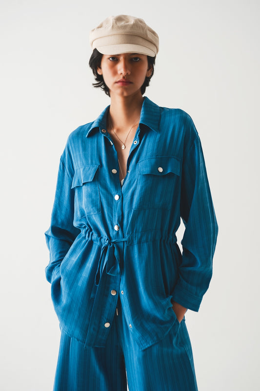 Tie waist long sleeve shirt in blue | Just Cool Beans — shirts | nan