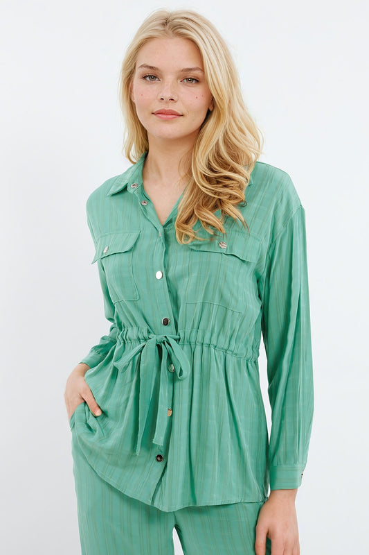 Tie waist long sleeve shirt in green | Just Cool Beans — shirts | nan