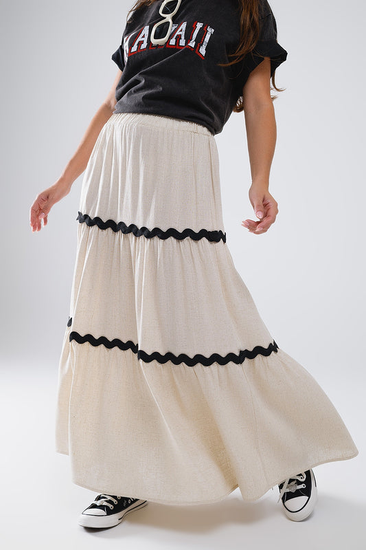 Tiered linen maxi skirt with contrast scallop trim in beige | Just Cool Beans — skirts