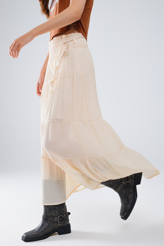 Tiered maxi skirt in beige with elastic waist and shell details | Just Cool Beans — skirts
