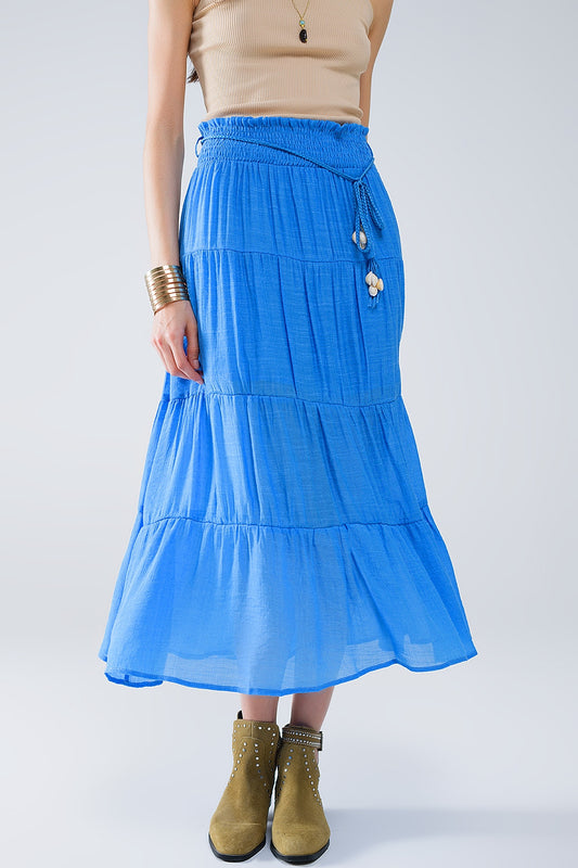 Tiered maxi skirt in blue with elastic waist and shell details | Just Cool Beans — skirts
