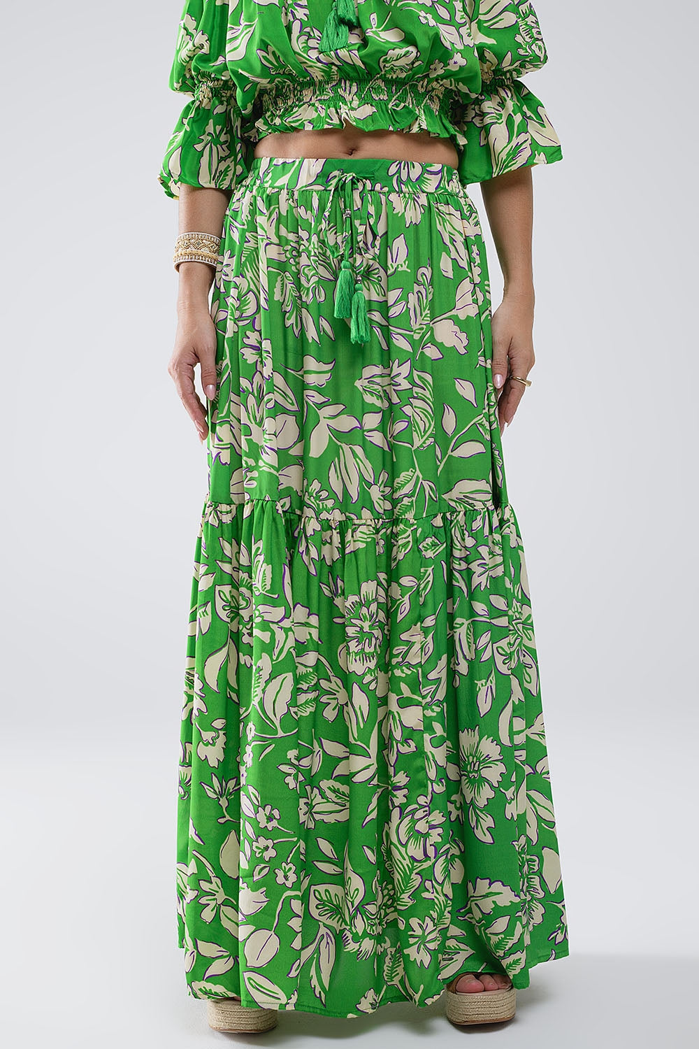 Tiered maxi skirt in green floral print | Just Cool Beans — skirts