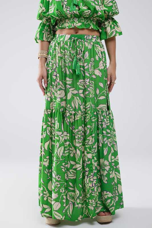 Tiered maxi skirt in green floral print | Just Cool Beans — skirts