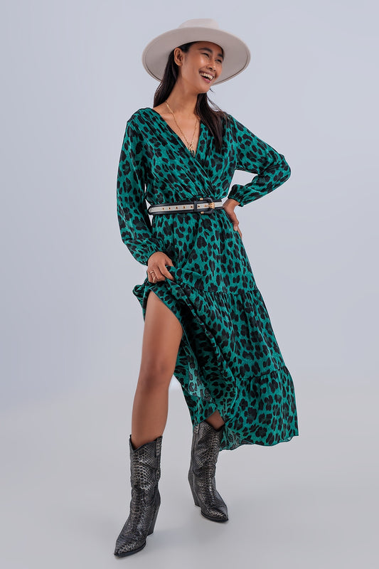 Tiered maxi wrap dress with long sleeve in green | Just Cool Beans — dresses