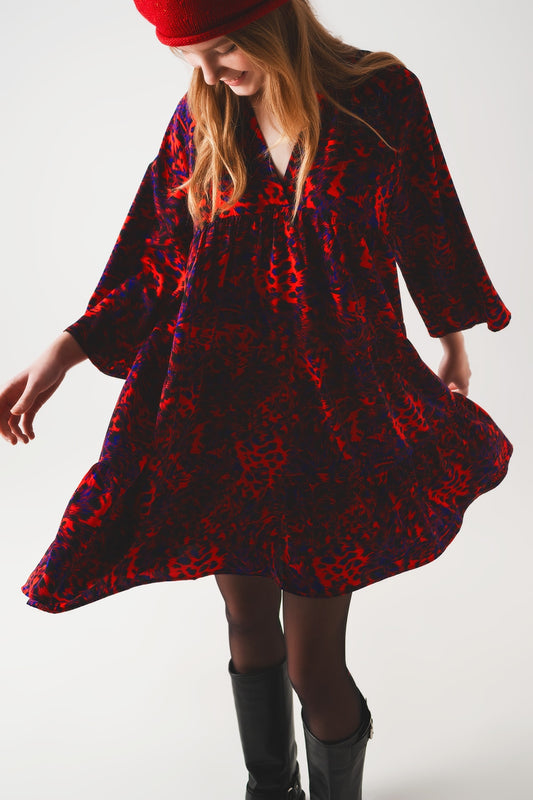 Tiered mini smock dress in animal print in red | Just Cool Beans — dresses